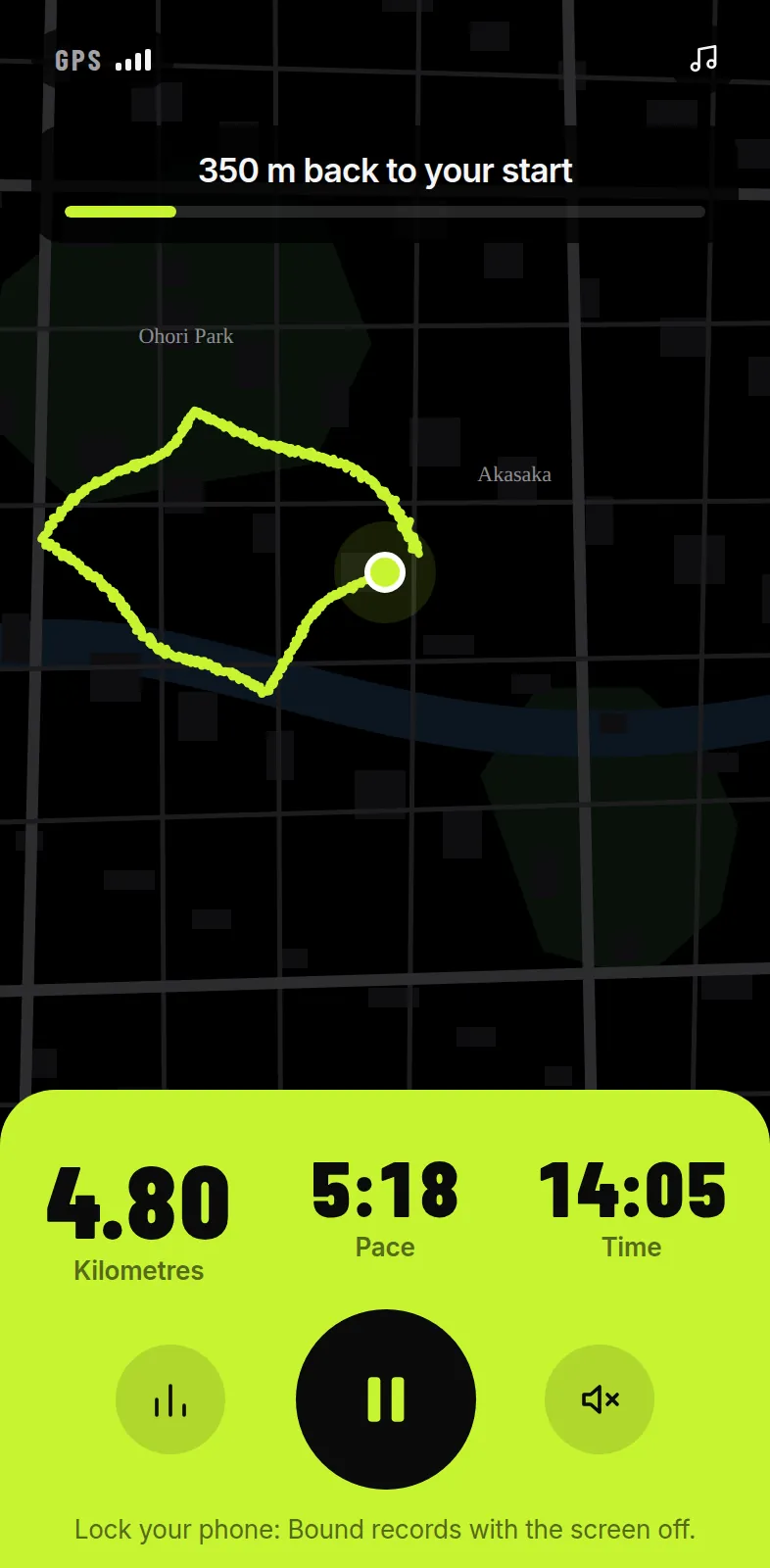 A run in progress on the map, 350 m back to the start
